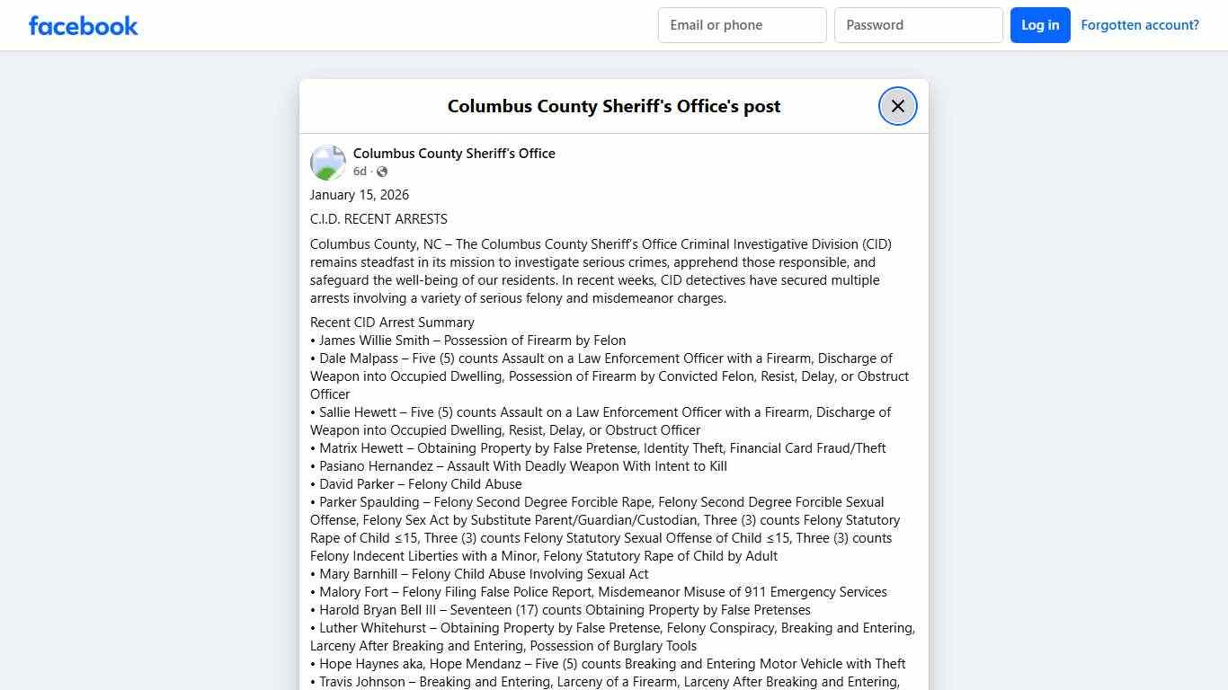 January 15, 2026... - Columbus County Sheriff's Office Facebook